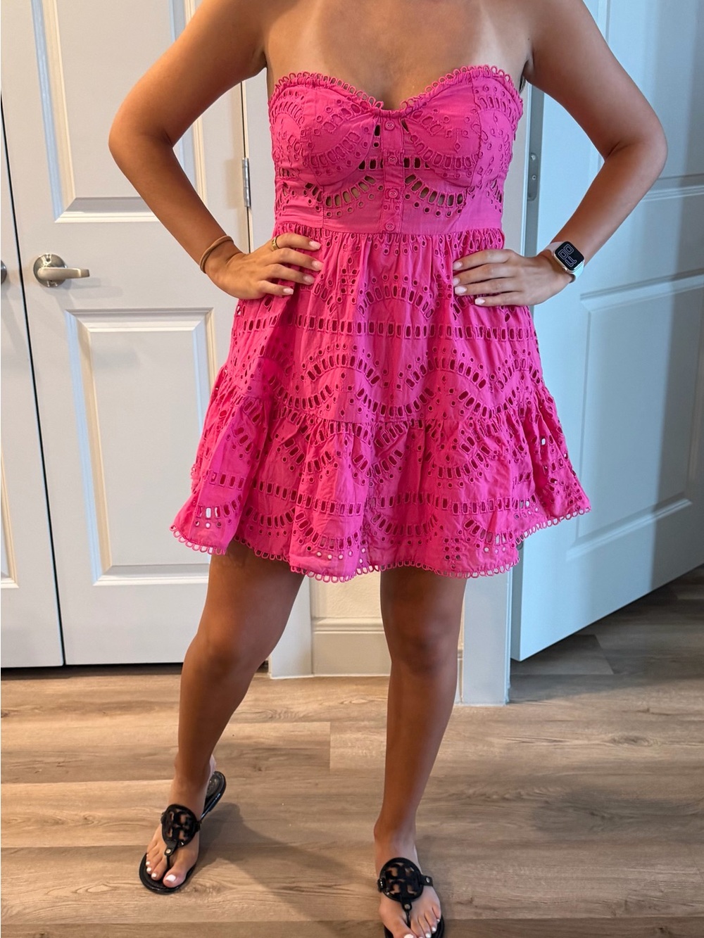 Main Strip Hot Pink Strapless Eyelet Mini Dress